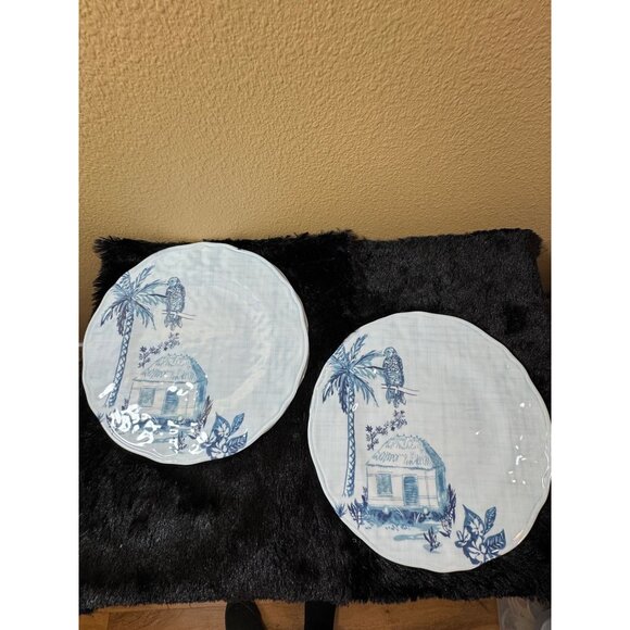 Tommy Bahama Tropical Melamine Dinner Plates Set Of4 Blue & White Palm Parrot - Picture 5 of 7